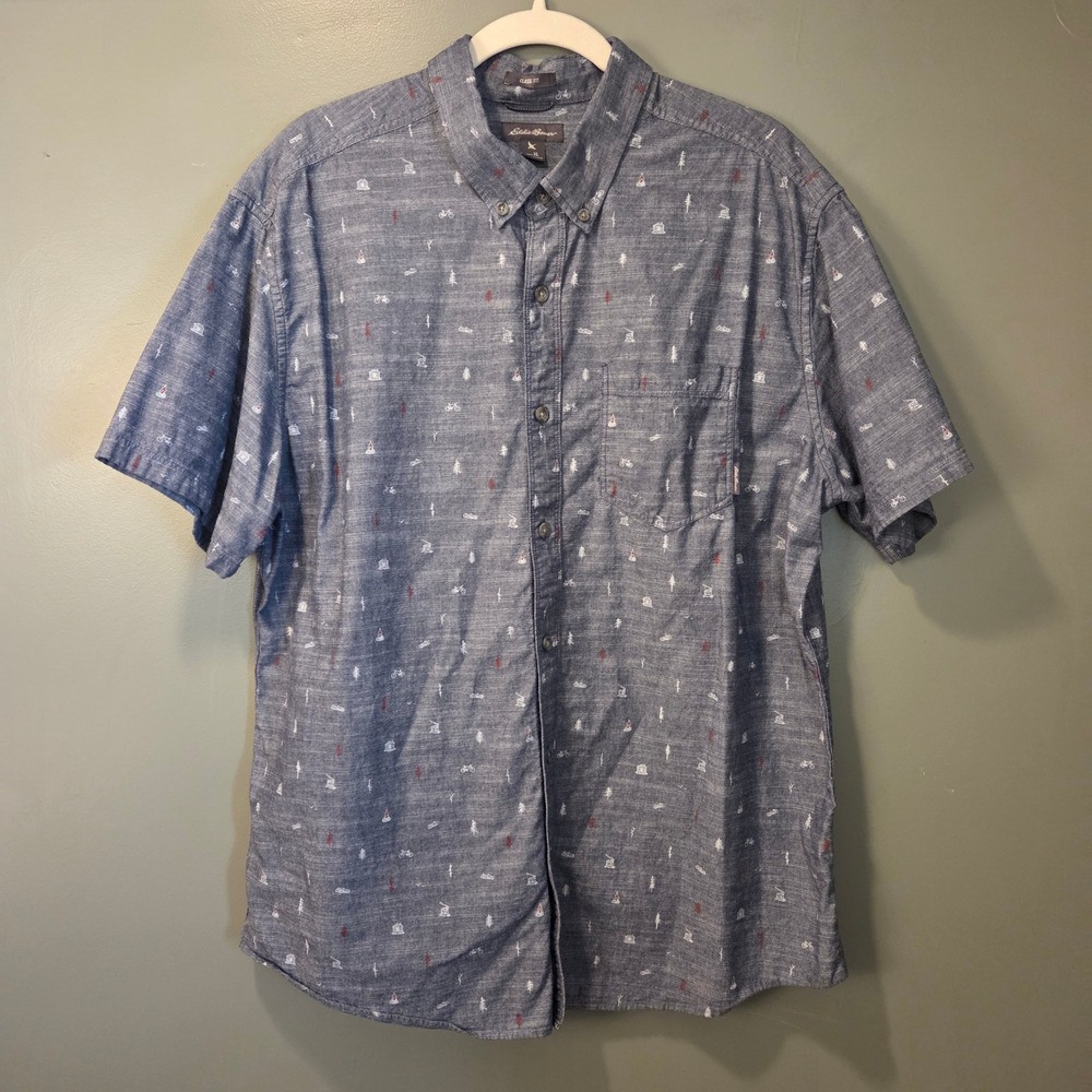 Eddie‎ Bauer Men's XL Classic Fit Short Sleeve Button Up Shirt Printed Chambray
